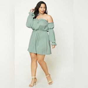 Forever 21 green off-shoulder ruffle-tie long-sleeve elastic-waist mini dress S